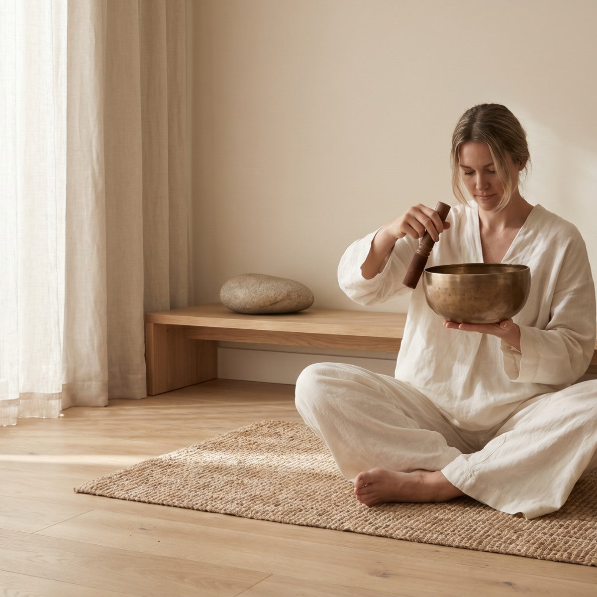femme uilisant un bol chantant de Bouddha
