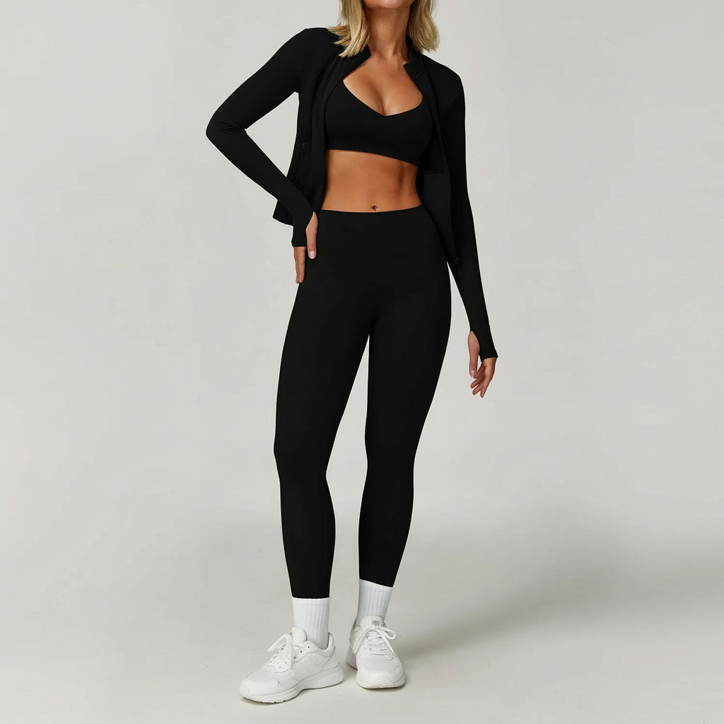 Ensemble Yoga 3 pièces – Leggings, soutien-gorge et haut à manches