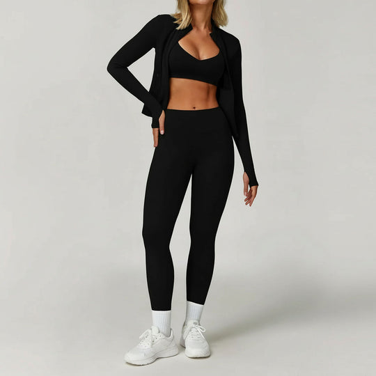 Ensemble Yoga 3 pièces – Leggings, soutien-gorge et haut à manches