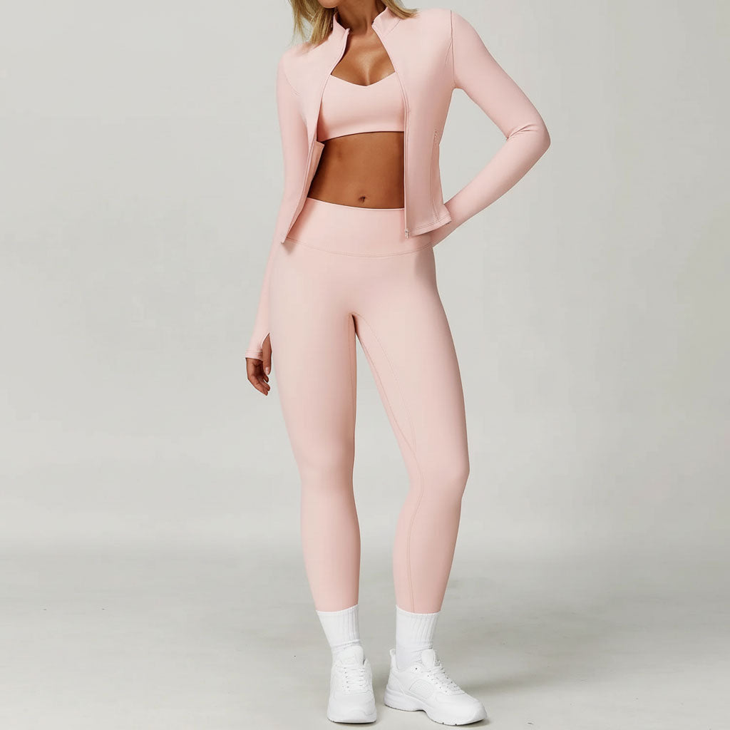 Ensemble Yoga 3 pièces – Leggings, soutien-gorge et haut à manches