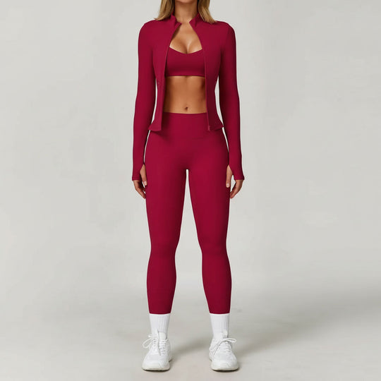 Ensemble Yoga 3 pièces – Leggings, soutien-gorge et haut à manches