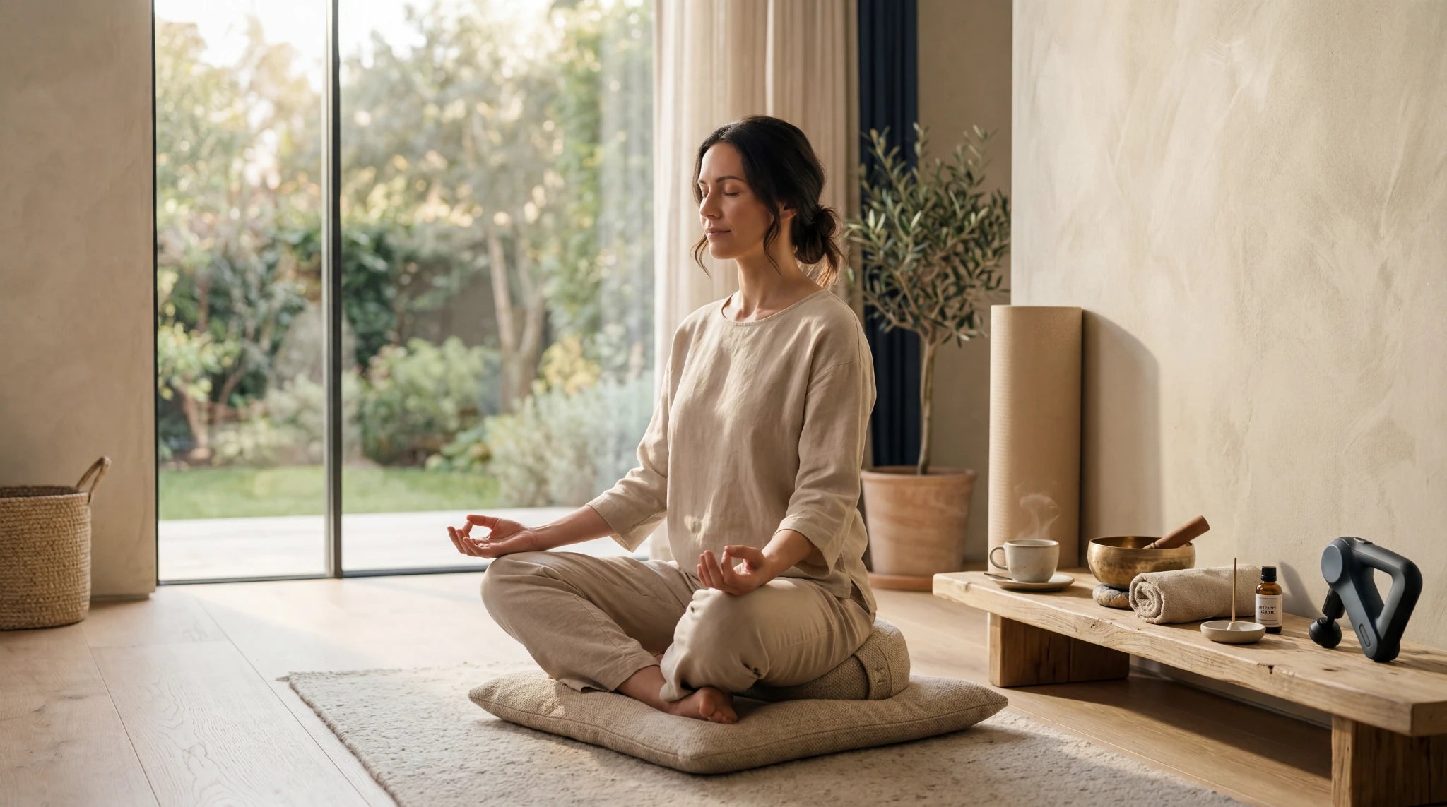 femme en position de méditation derrière elle divers objets de relaxation