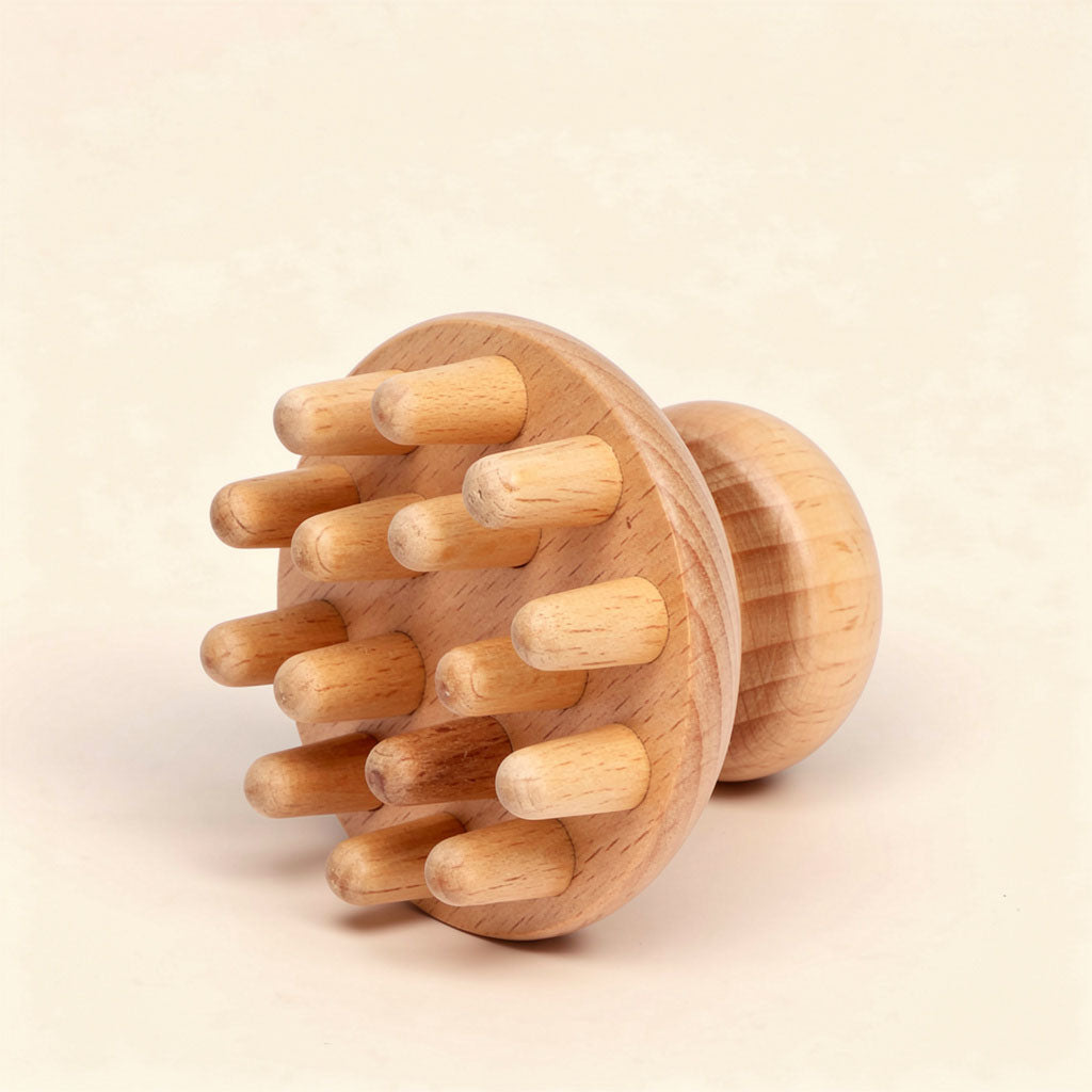 Masseur champignon en bois de hêtre – Outil de massage manuel ergonomique pour le cuir chevelu et le corps