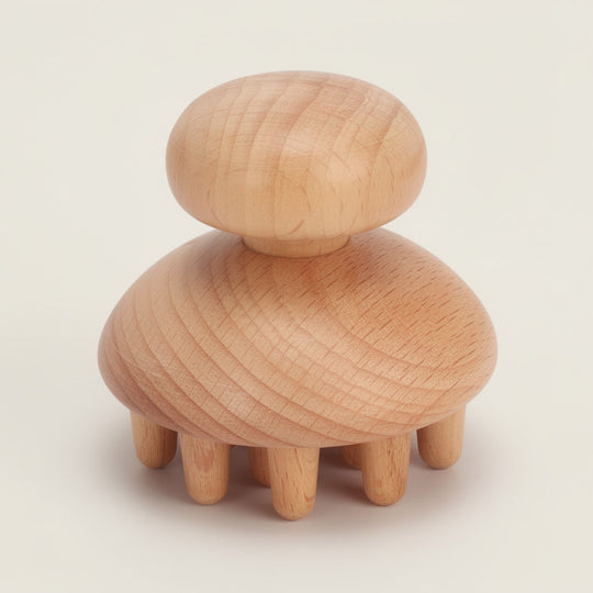 Masseur champignon en bois de hêtre – Outil de massage manuel ergonomique pour le cuir chevelu et le corps