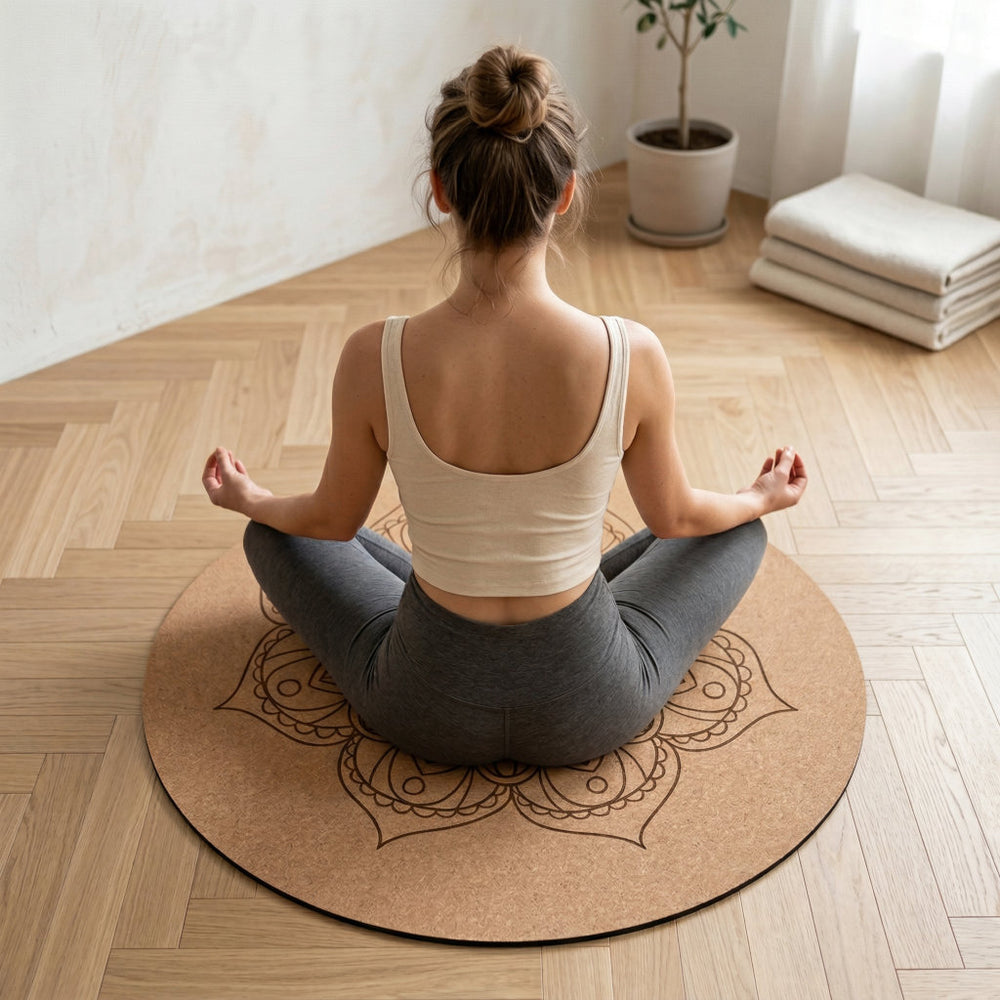 Petit tapis de yoga rond en liège naturel – Antidérapant  (Ø 60 cm)