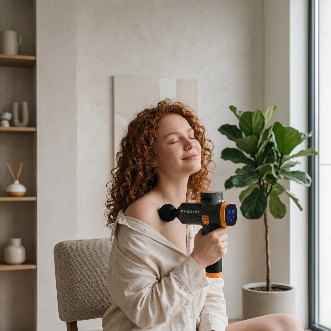 jeune femme utilisant un pistolet de massage phoenix.Visage soulagé