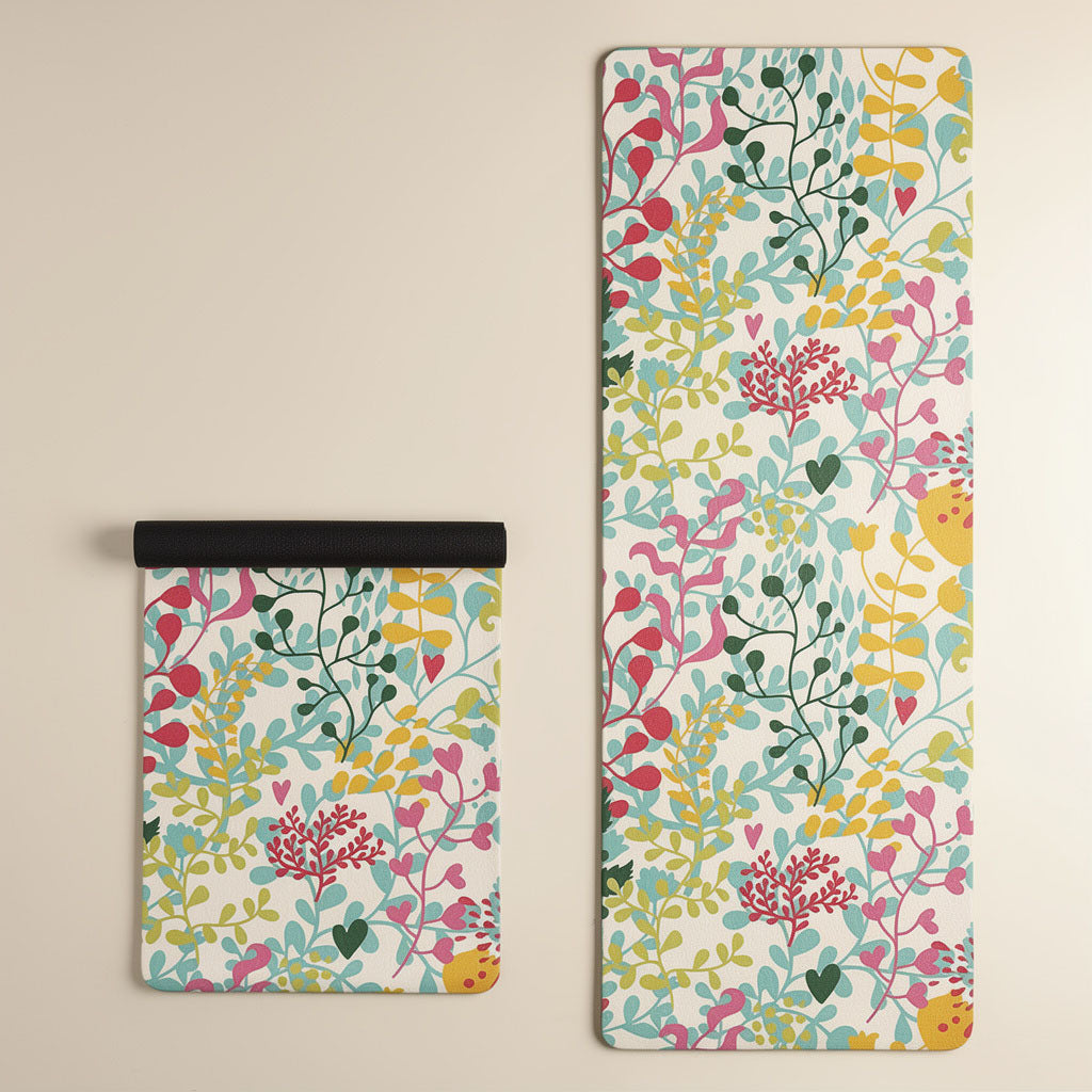tapis de yoga avec des motifs floraux multicolores